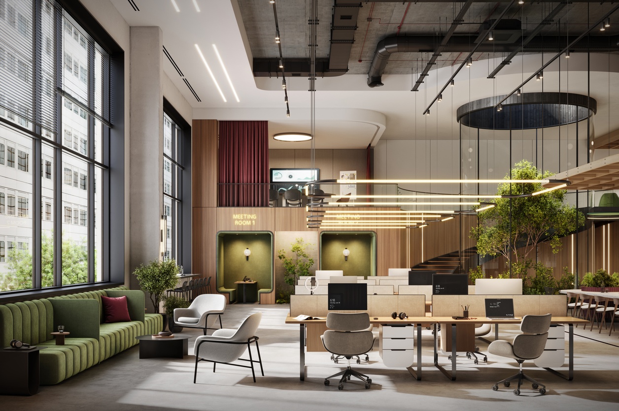 Modernes Büro mit grünen Möbeln und warmer Atmosphäre – Beratung für eine günstige Bestattung im Ruhrgebiet